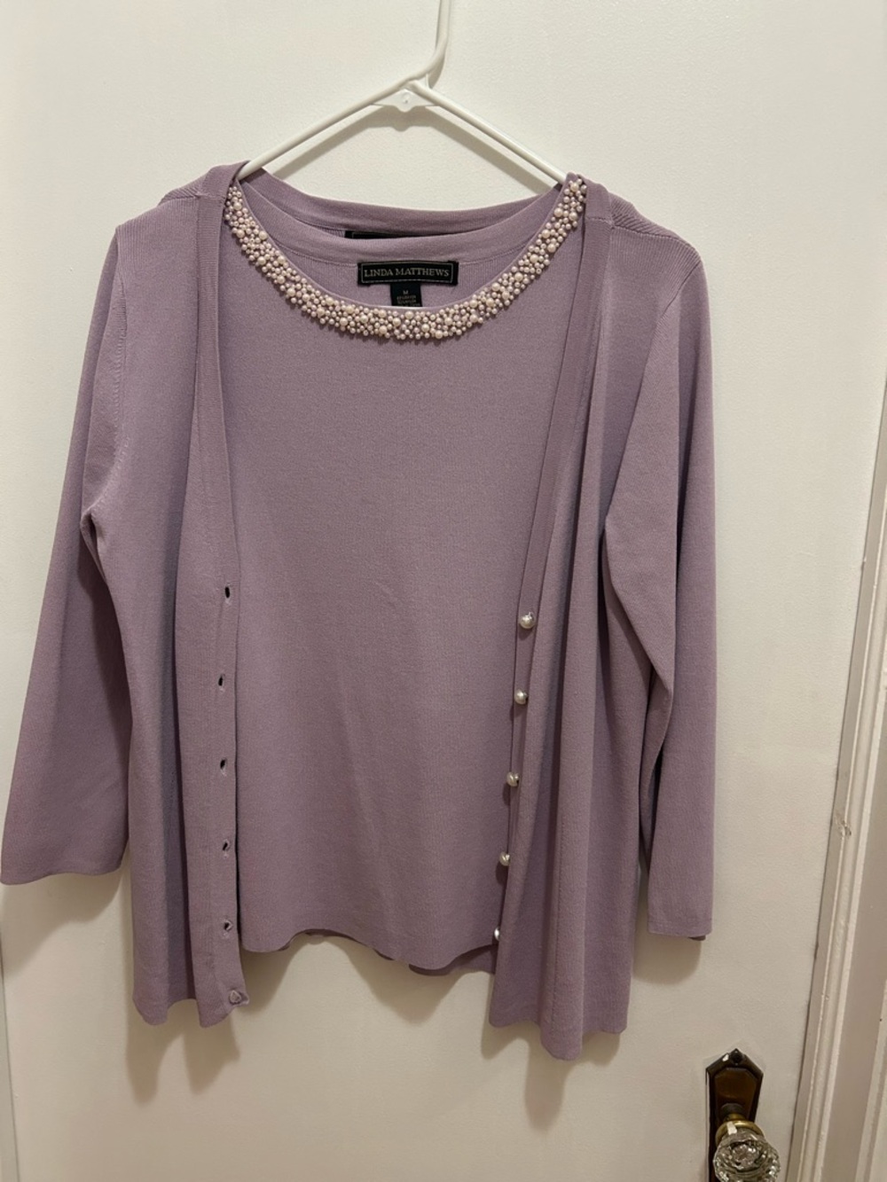 Linda Matthews Lavender Pearl-Trim Long Sleeve Top & Cardigan Set